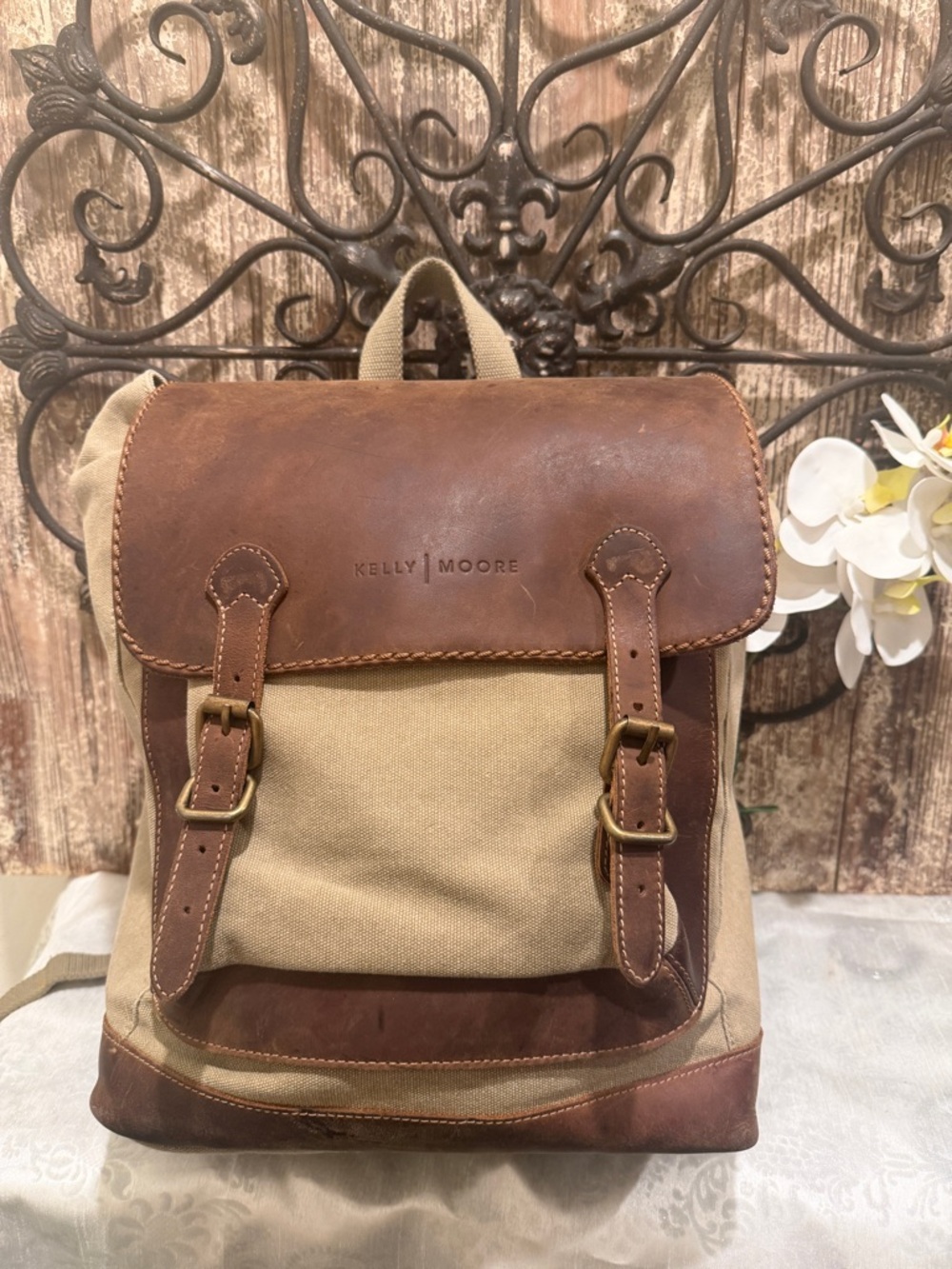 Kelly Moore Pilot Backpack, Sand Canvas with Black Leather Trim retail $299